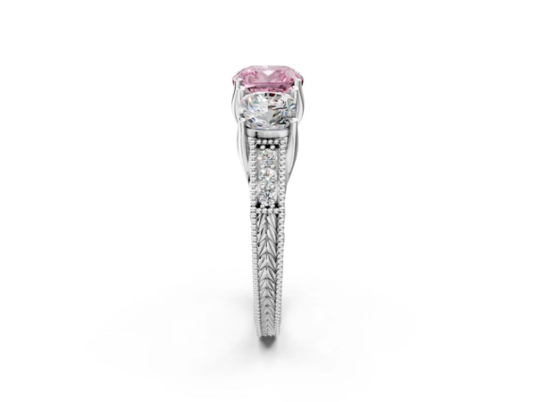 Platinum Cushion Cut Engraved Three Stone Engagement Ring Setting for Fancy Pink Center