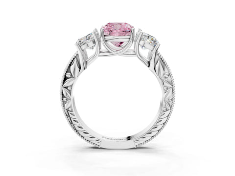 Platinum Three-Stone Fancy Pink Cushion Cut Cut Milgrain Pavé Engagement Ring_27