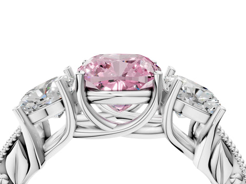 Platinum Three-Stone Fancy Pink Cushion Cut Cut Milgrain Pavé Engagement Ring_28