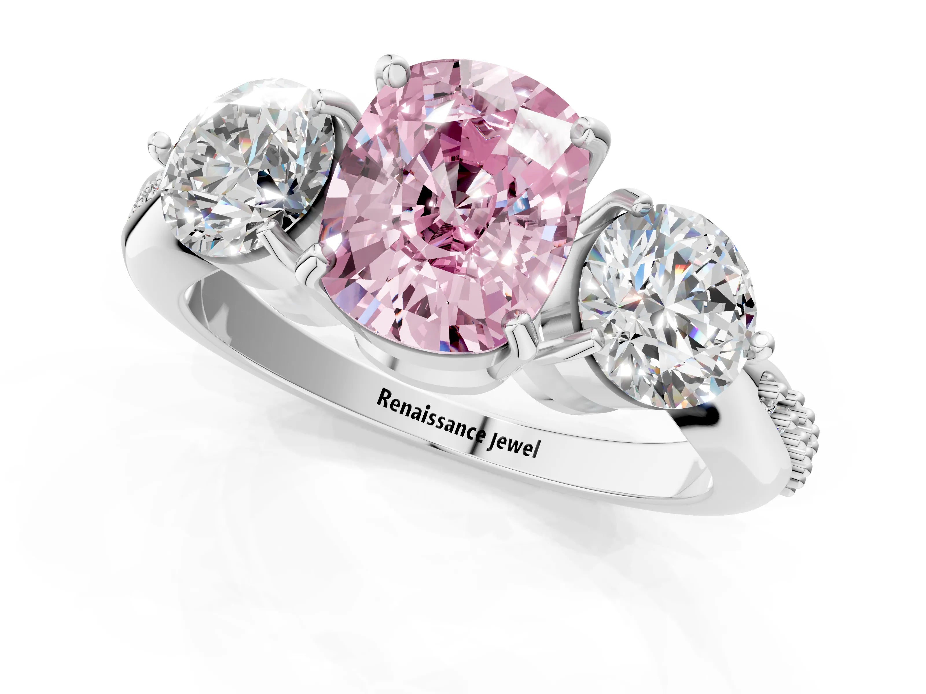 Platinum Three-Stone Fancy Pink Cushion Cut Diamond Channel Set Engagement Ring with Prong Setting_25
