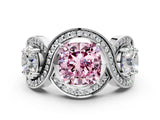 Platinum Three-Stone Fancy Pink Cushion Cut Diamond Wave Pave Band with Prong Setting_54