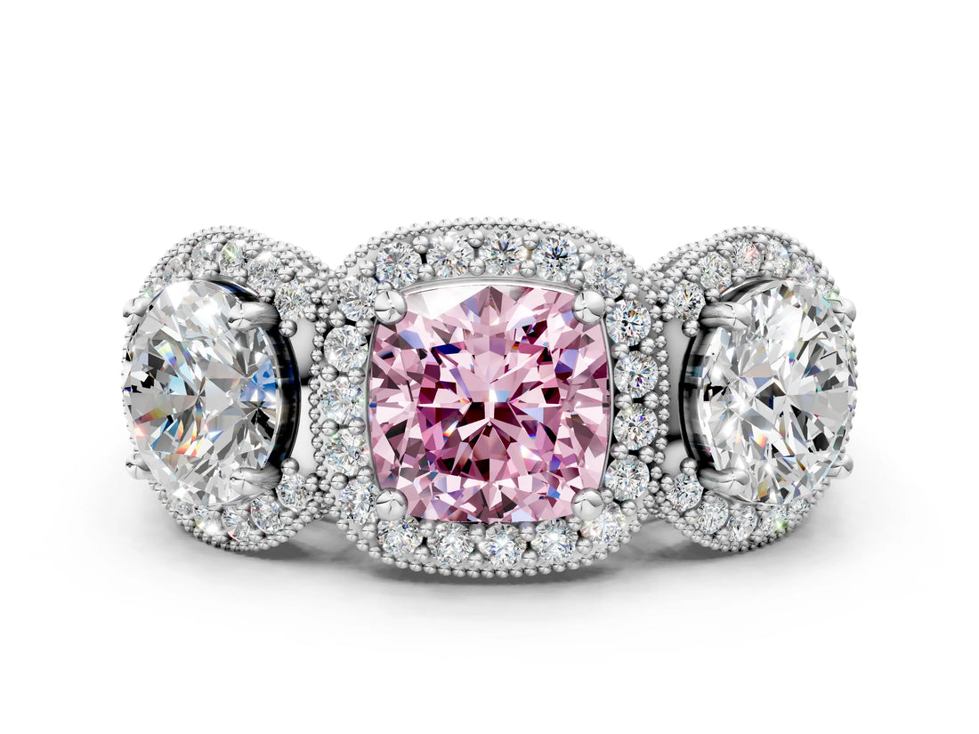 Platinum Three-Stone Fancy Pink Cushion Cut Halo Diamond Milgrain Band with Four-Prong Setting_12