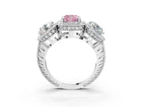Platinum Three-Stone Fancy Pink Cushion Cut Halo Diamond Milgrain Band with Four-Prong Setting_15