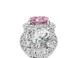 Platinum Three-Stone Fancy Pink Cushion Cut Halo Diamond Milgrain Band with Four-Prong Setting_17