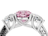 Platinum Three-Stone Fancy Pink Cushion  Diamond Milgrain Pave Band with Prong Setting 4