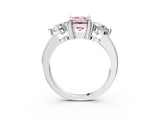 Platinum Three-Stone Fancy Pink Emerald  Brilliant Cut Solitaire Ring with Prong Setting on a Classic Band 3