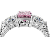 Platinum Three-Stone Fancy Pink Emerald Cut Cut Milgrain Band Prong Setting Ring_10