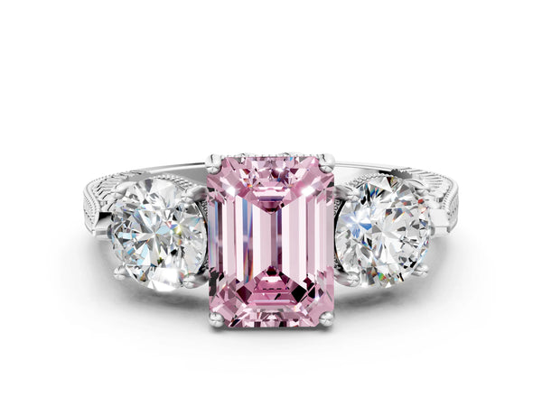 Platinum Emerald Cut Vintage Three Stone Engagement Ring Setting for Fancy Pink Center