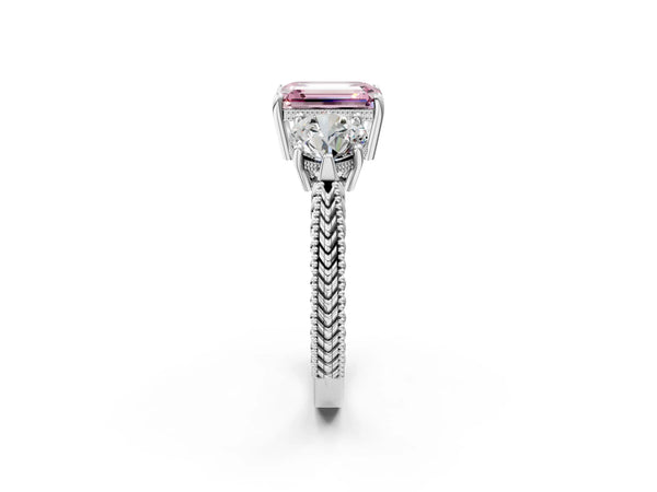 Platinum Emerald Cut Vintage Three Stone Engagement Ring Setting for Fancy Pink Center