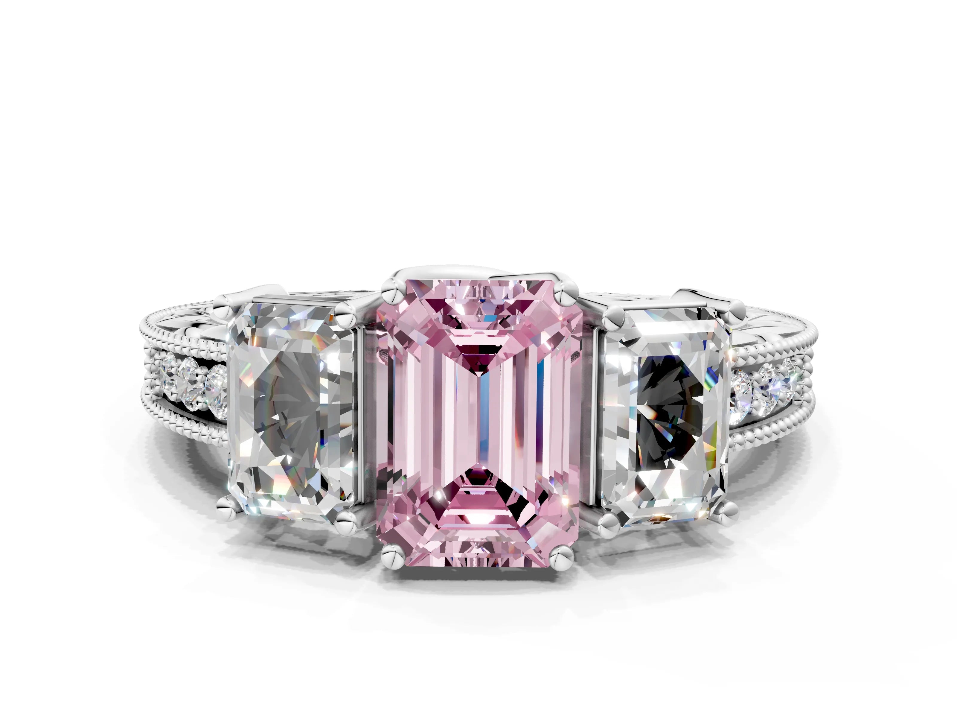 Platinum Three-Stone Fancy Pink Emerald Cut Cut Milgrain Pavé Engagement Ring_66