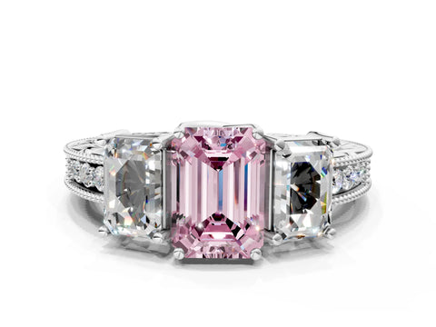 Platinum Three-Stone Fancy Pink Emerald Cut Cut Milgrain Pavé Engagement Ring_66