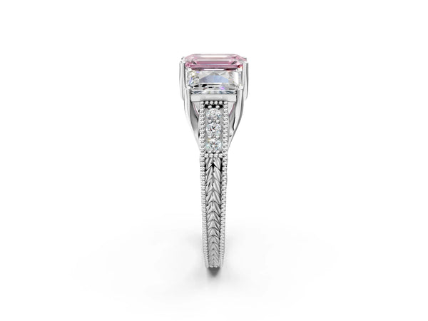 Platinum Emerald Cut Engraved Three Stone Engagement Ring Setting for Fancy Pink Center