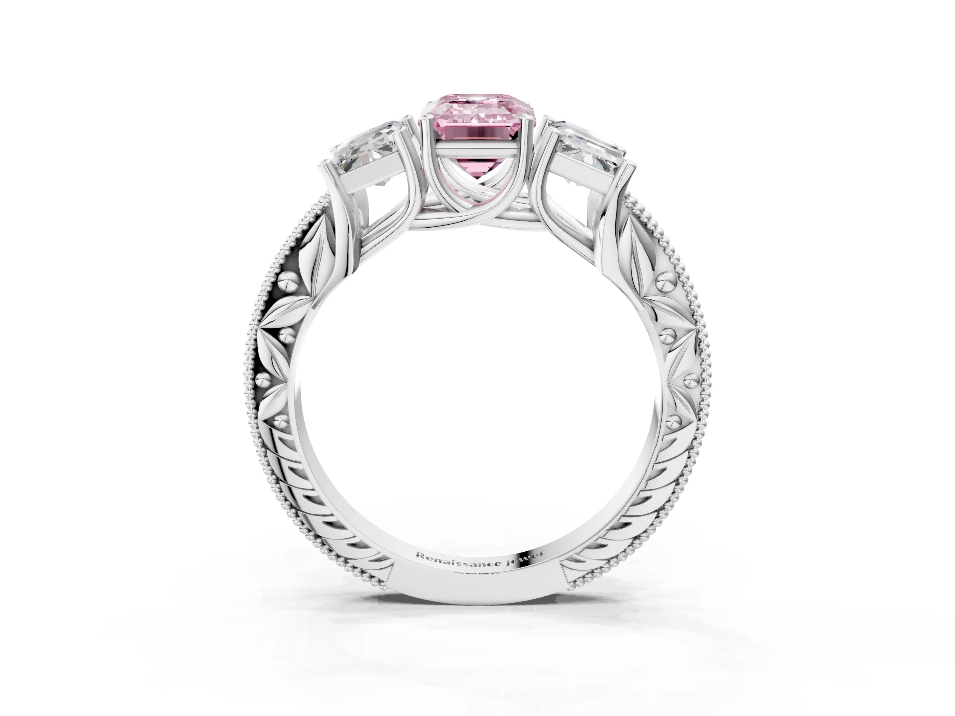 Platinum Three-Stone Fancy Pink Emerald Cut Cut Milgrain Pavé Engagement Ring_69
