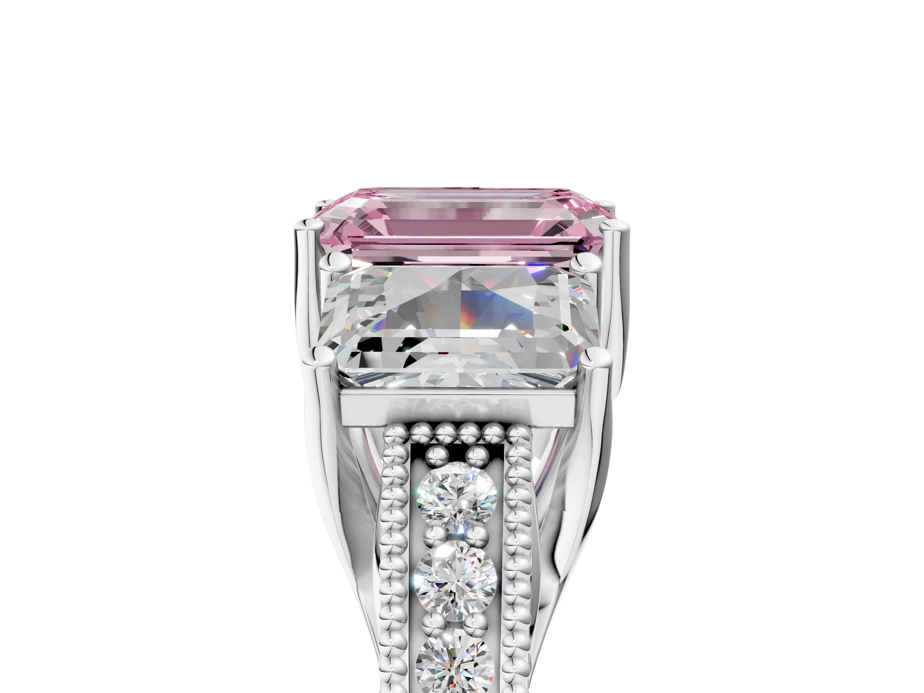 Platinum Three-Stone Fancy Pink Emerald Cut Cut Milgrain Pavé Engagement Ring_71