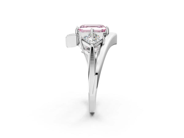 Platinum Three-Stone Fancy Pink Emerald Cut Cut Tension Band Ring with Four-Prong Setting