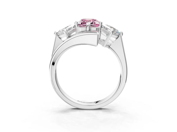 Platinum Three-Stone Fancy Pink Emerald Cut Cut Tension Band Ring with Four-Prong Setting