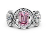 Platinum Three-Stone Fancy Pink Emerald Cut Diamond Wave Pave Band with Prong Setting_6