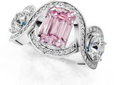 Platinum Three-Stone Fancy Pink Emerald Cut Diamond Wave Pave Band with Prong Setting_7