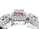 Platinum Three-Stone Fancy Pink Emerald Cut Halo Diamond Milgrain Band with Four-Prong Setting_10