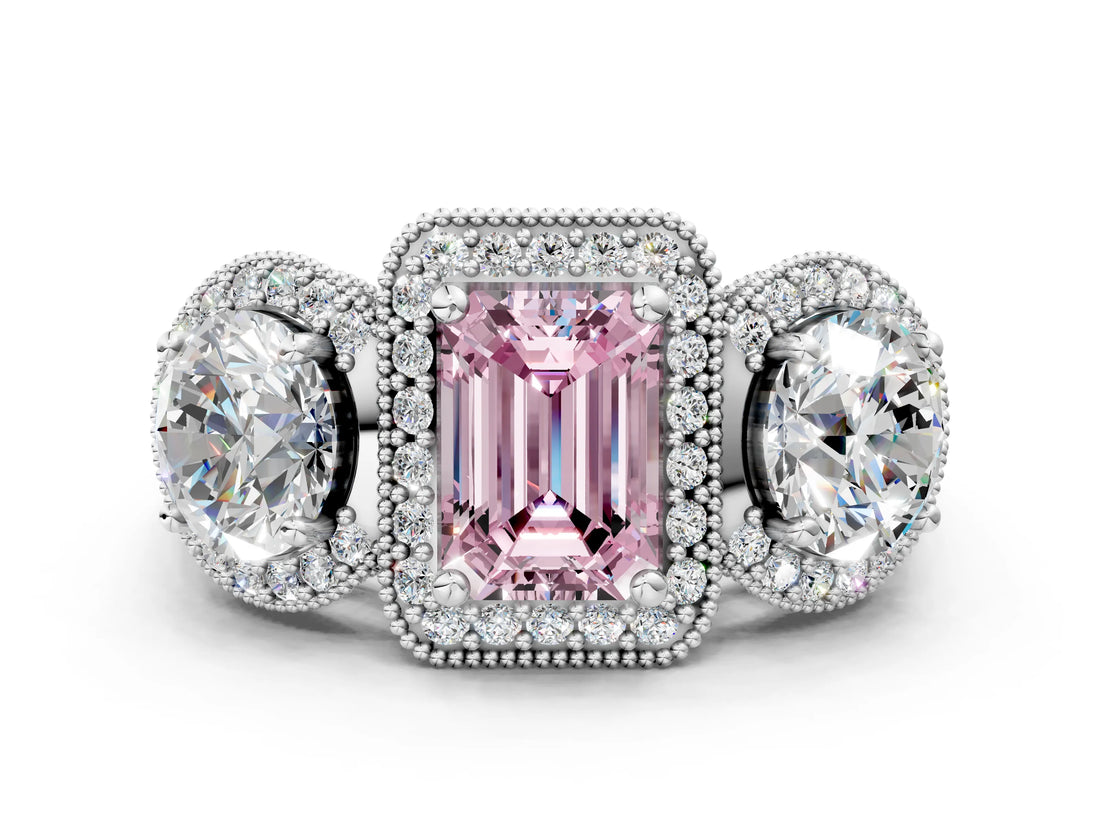 Platinum Three-Stone Fancy Pink Emerald Cut Halo Diamond Milgrain Band with Four-Prong Setting_6