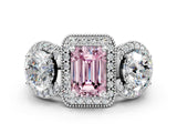 Platinum Three-Stone Fancy Pink Emerald Cut Halo Diamond Milgrain Band with Four-Prong Setting_6