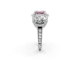 Platinum Three-Stone Fancy Pink Emerald Cut Halo Diamond Milgrain Band with Four-Prong Setting_8