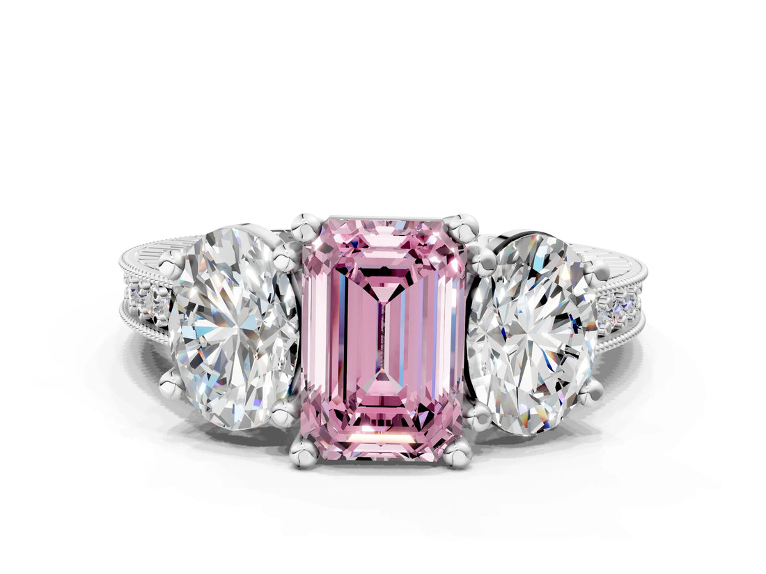 Platinum Three-Stone Fancy Pink Emerald  Diamond Milgrain Pave Band with Prong Setting 1