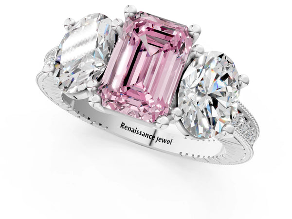 Platinum Three-Stone Fancy Pink Emerald  Diamond Milgrain Pave Band with Prong Setting