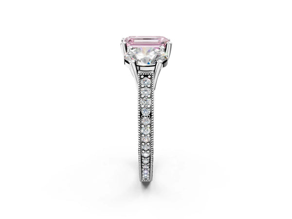 Platinum Three-Stone Fancy Pink Emerald  Diamond Milgrain Pave Band with Prong Setting
