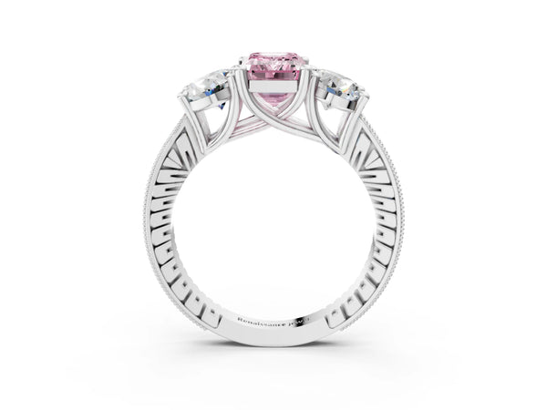 Platinum Three-Stone Fancy Pink Emerald  Diamond Milgrain Pave Band with Prong Setting