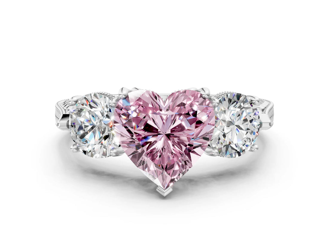 Platinum Three-Stone Fancy Pink Heart Cut Cut Milgrain Band Prong Setting Ring_78