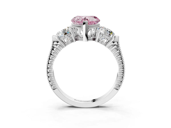Platinum Heart-Shaped Vintage Three Stone Engagement Ring Setting for Fancy Pink Center
