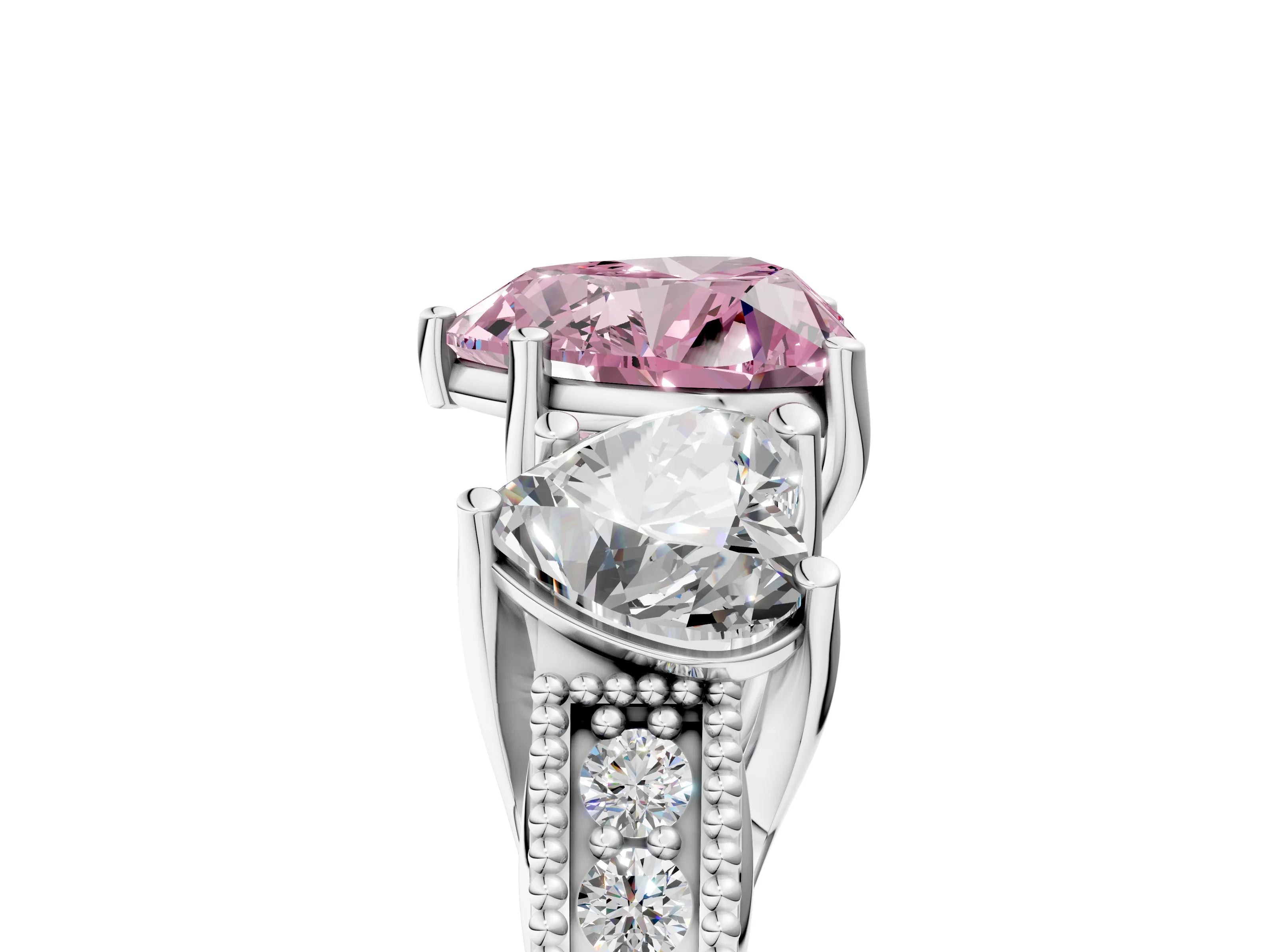 Platinum Three-Stone Fancy Pink Heart Cut Cut Milgrain Pavé Engagement Ring_23