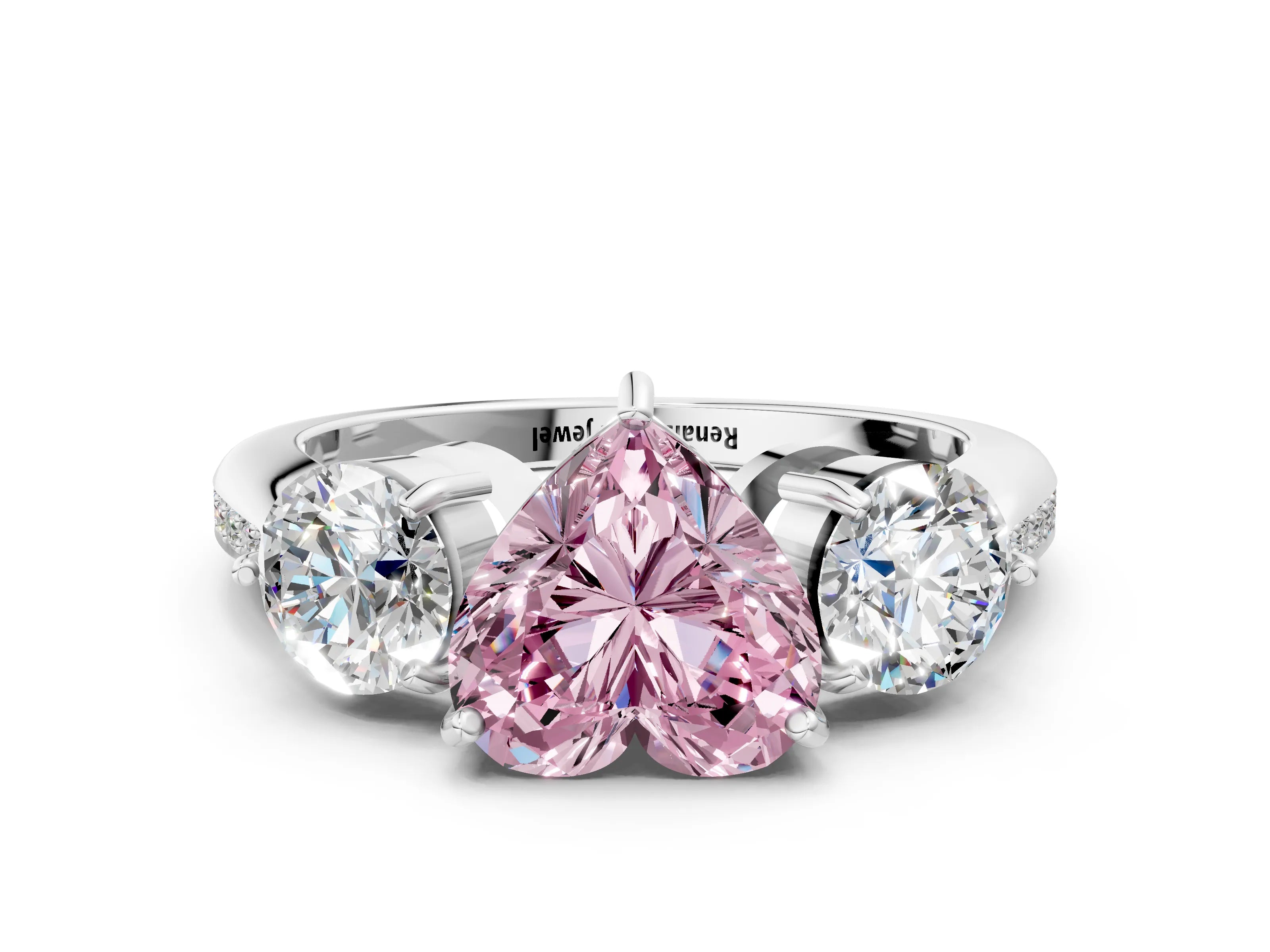 Platinum Three-Stone Fancy Pink Heart Cut Diamond Channel Set Engagement Ring with Prong Setting_19