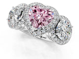 Platinum Three-Stone Fancy Pink Heart Cut Halo Diamond Milgrain Band with Four-Prong Setting_13