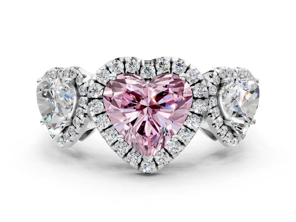 Platinum Three-Stone Fancy Pink Heart Cut Halo Diamond Ring with Pave Band and Four-Prong Setting