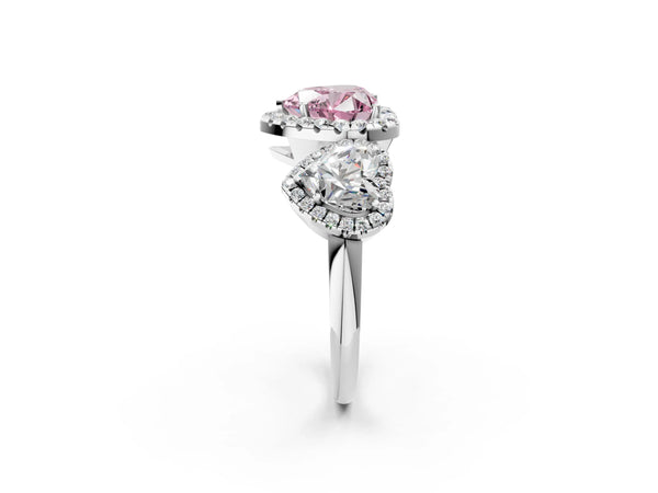 Platinum Three-Stone Fancy Pink Heart Cut Halo Diamond Ring with Pave Band and Four-Prong Setting