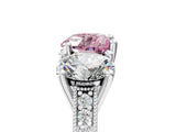 Platinum Three-Stone Fancy Pink Heart  Diamond Milgrain Pave Band with Prong Setting