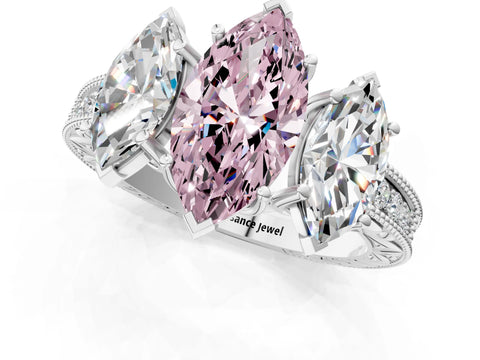 Platinum Three-Stone Fancy Pink Marquise Cut Cut Milgrain Pavé Engagement Ring_31