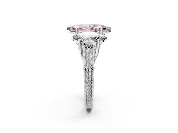 Platinum Marquise Engraved Three Stone Engagement Ring Setting for Fancy Pink Center
