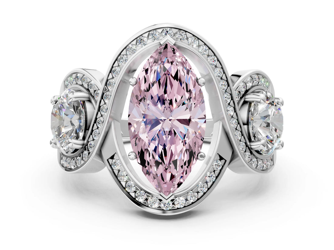 Platinum Three-Stone Fancy Pink Marquise Cut Diamond Wave Pave Band with Prong Setting_78