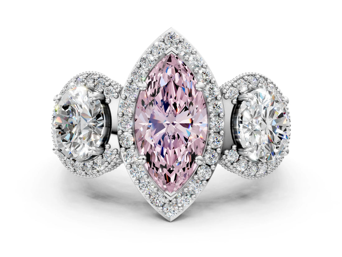 Platinum Three-Stone Fancy Pink Marquise Cut Halo Diamond Milgrain Band with Four-Prong Setting_6