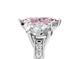 Platinum Three-Stone Fancy Pink Marquise  Diamond Milgrain Pave Band with Prong Setting