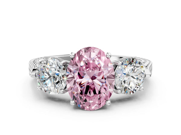 Platinum Oval Vintage Three Stone Engagement Ring Setting for Fancy Pink Center