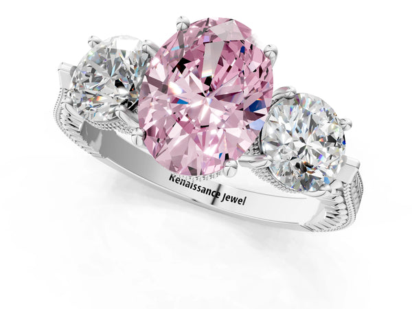 Platinum Oval Vintage Three Stone Engagement Ring Setting for Fancy Pink Center