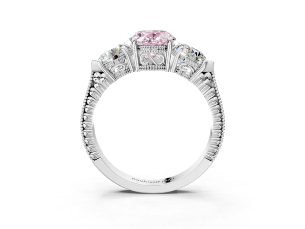 Platinum Oval Vintage Three Stone Engagement Ring Setting for Fancy Pink Center
