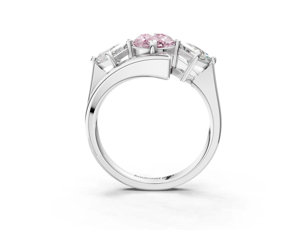 Platinum Three-Stone Fancy Pink Oval Cut Cut Tension Band Ring with Four-Prong Setting