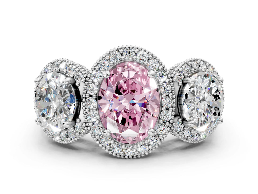 Platinum Three-Stone Fancy Pink Oval Cut Halo Diamond Milgrain Band with Four-Prong Setting_6