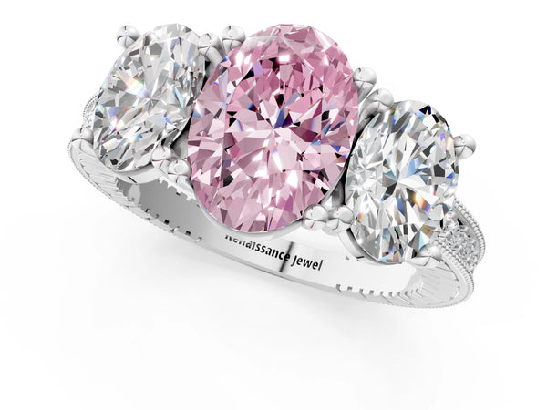 Platinum Three-Stone Fancy Pink Oval  Diamond Milgrain Pave Band with Prong Setting