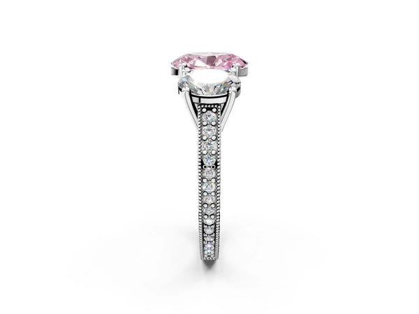 Platinum Three-Stone Fancy Pink Oval  Diamond Milgrain Pave Band with Prong Setting
